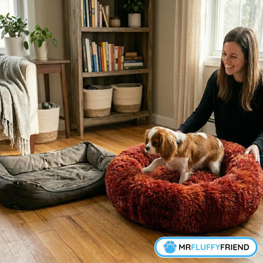 Cavalier King Charles Spaniel steigt von einem alten, abgenutzten Hundebett in ein neues, kuscheliges rotes Donut-Hundebett