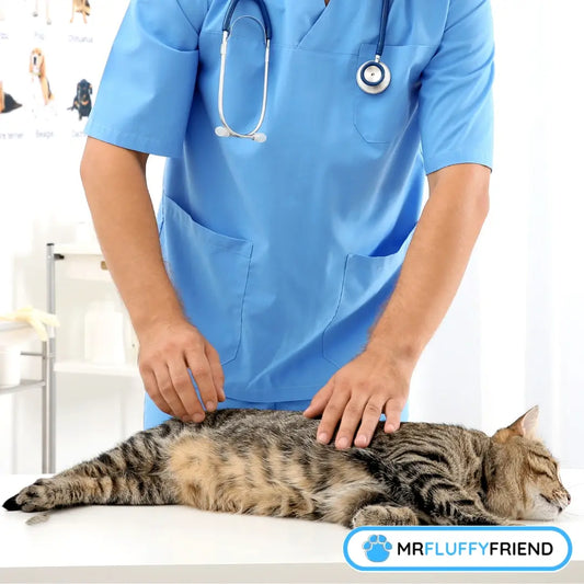 Ein Tierarzt untersucht eine getigerte Katze auf einem Behandlungstisch, um Anzeichen von Arthrose bei Katzen festzustellen.